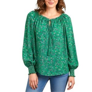 Max Studio Large Green Floral Boho Peasant Cottagecore Blouse Top Tassels